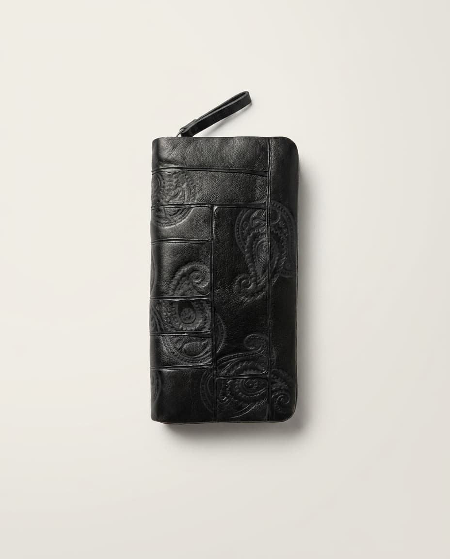 Black paisley embossed long wallet with wrist strap