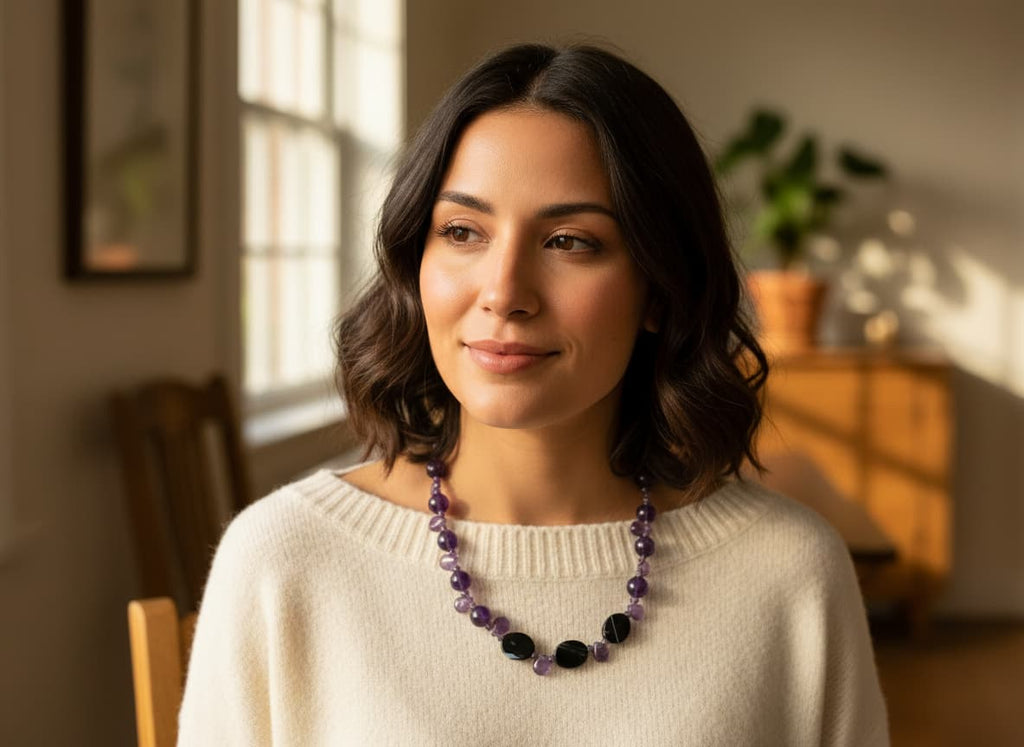 Model wearing the amethyst necklace