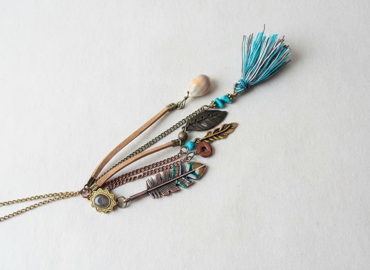 Gold-tone Indian American style tassel necklace on white