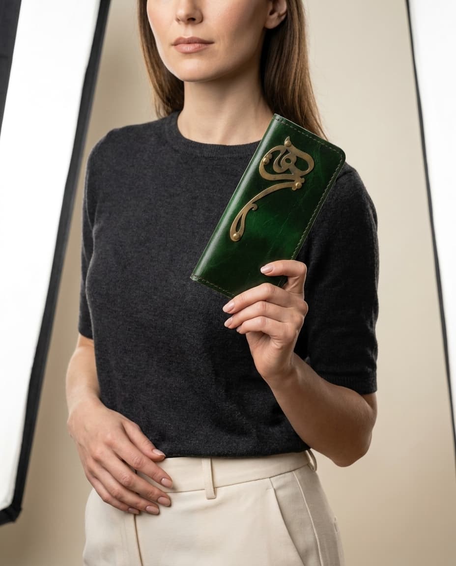 Model holding the green calligraphy wallet