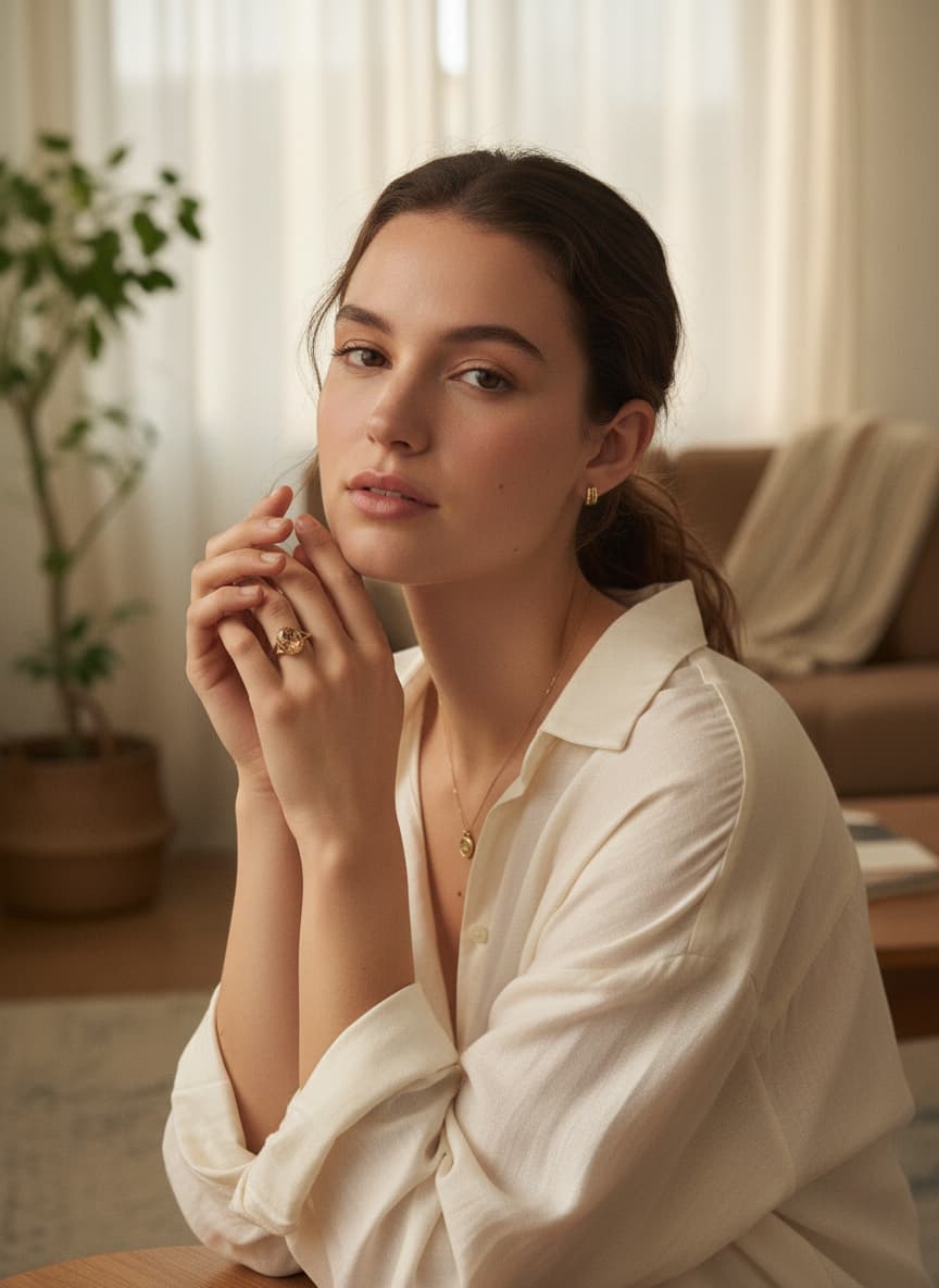Model wearing the honey-yellow oval stone ring