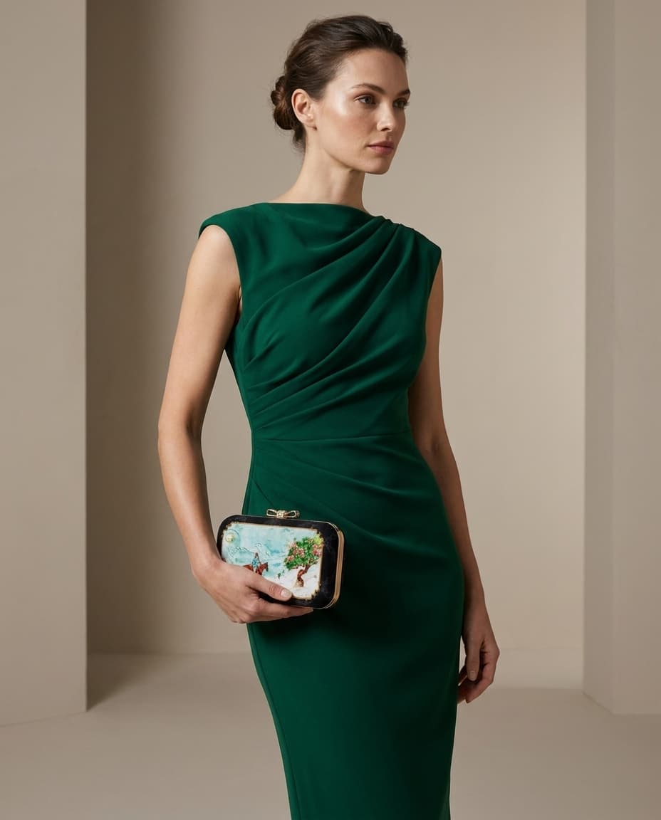 Model holding the black miniature-painting clutch
