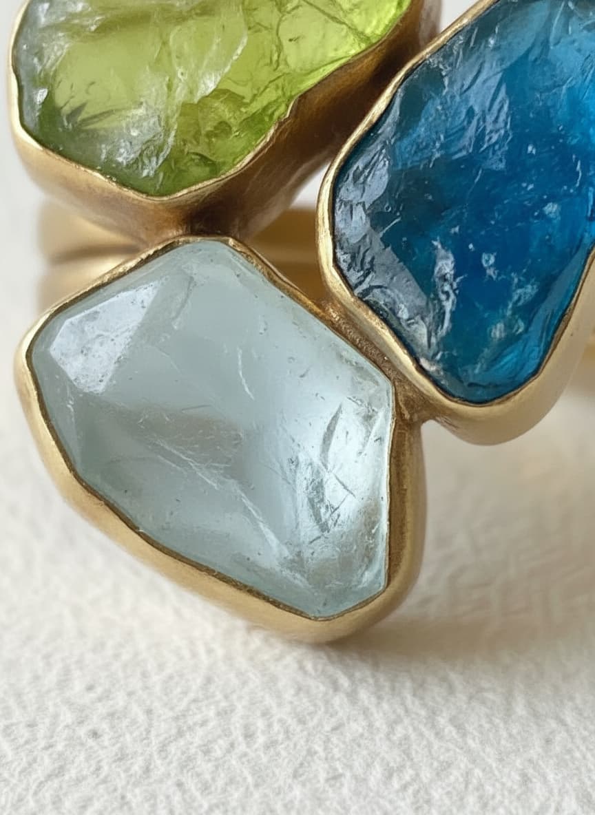 Macro close-up of the natural stones on the gold-plated ring