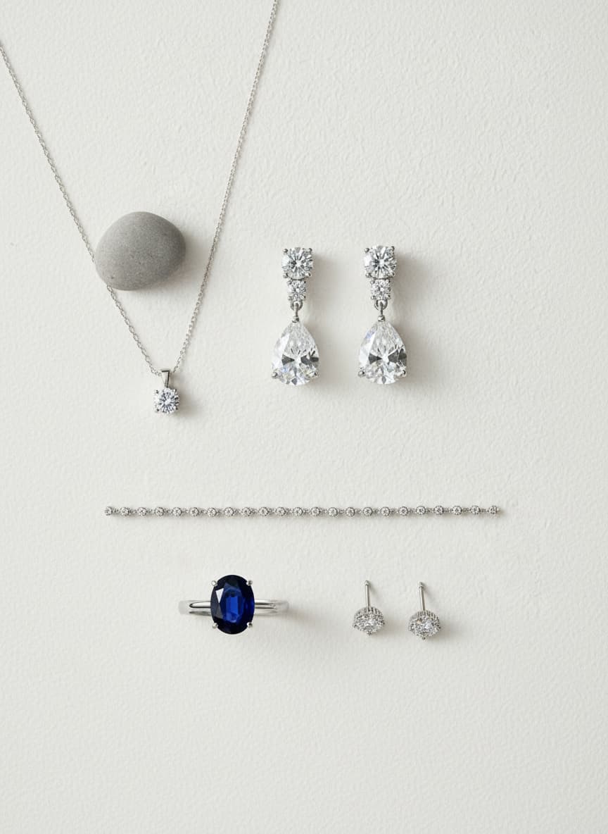 Silver-tone pear drop crystal earrings styled in a flatlay with matching jewelry
