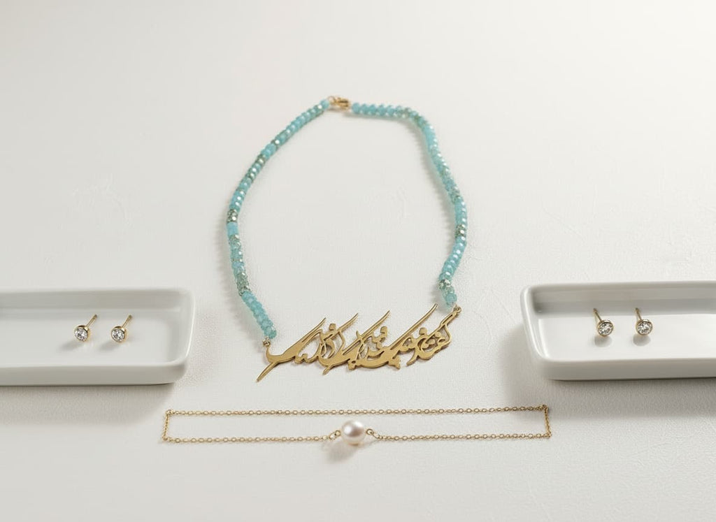 Styled flatlay of the turquoise necklace with coordinating pieces