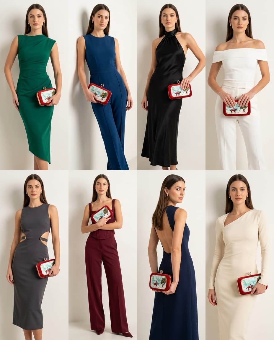 Models holding the red miniature-painting clutch