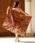Black shawl with white Persian calligraphy and orange florals
