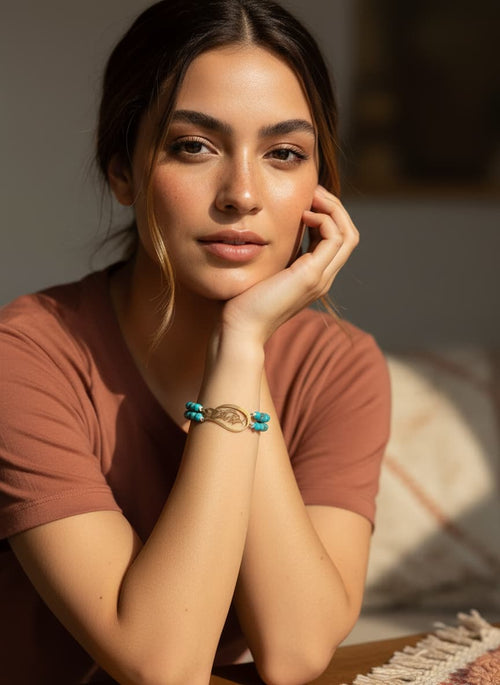 Model wearing the calligraphy bracelet
