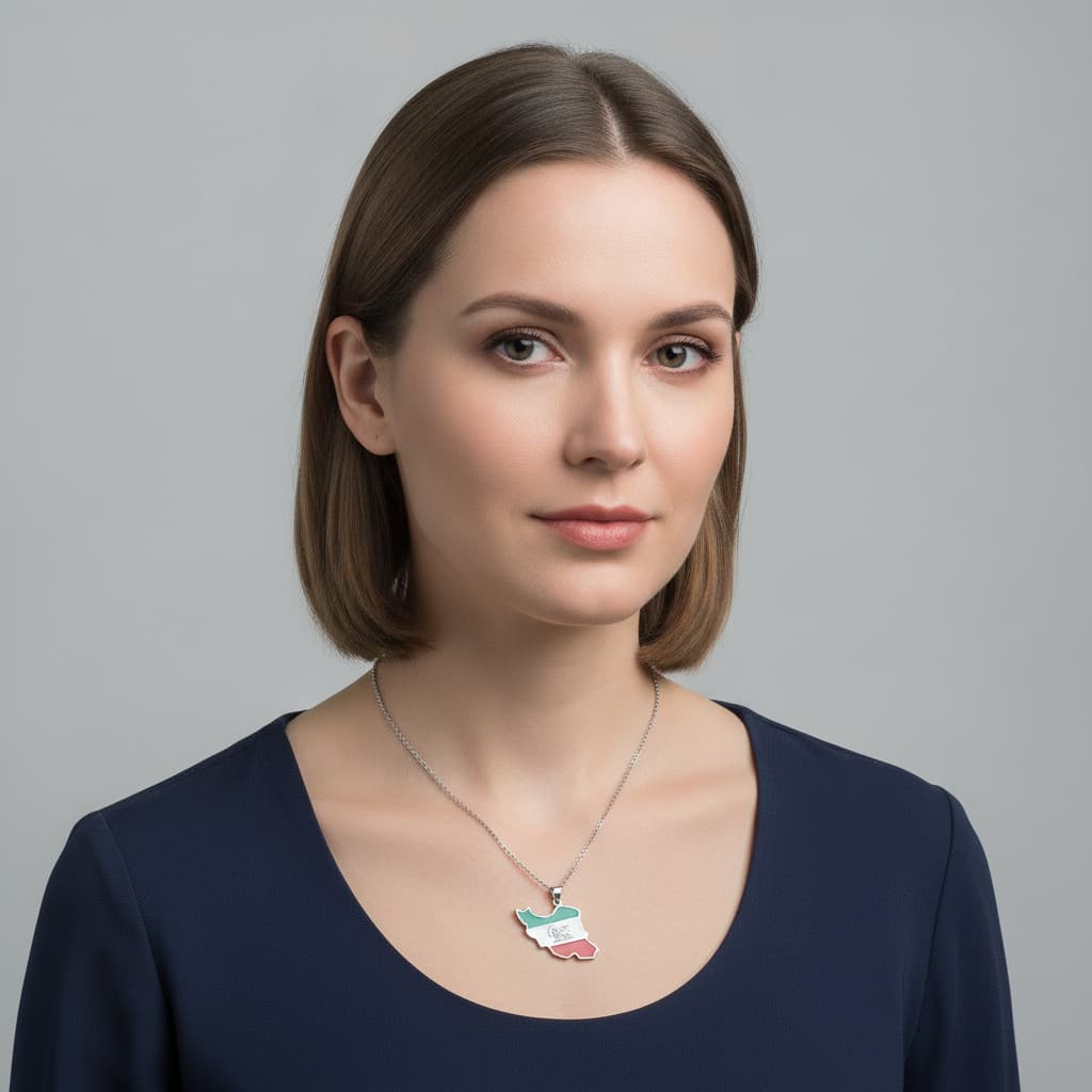Silver-tone Iran map necklace with lion-and-sun pendant worn by a model