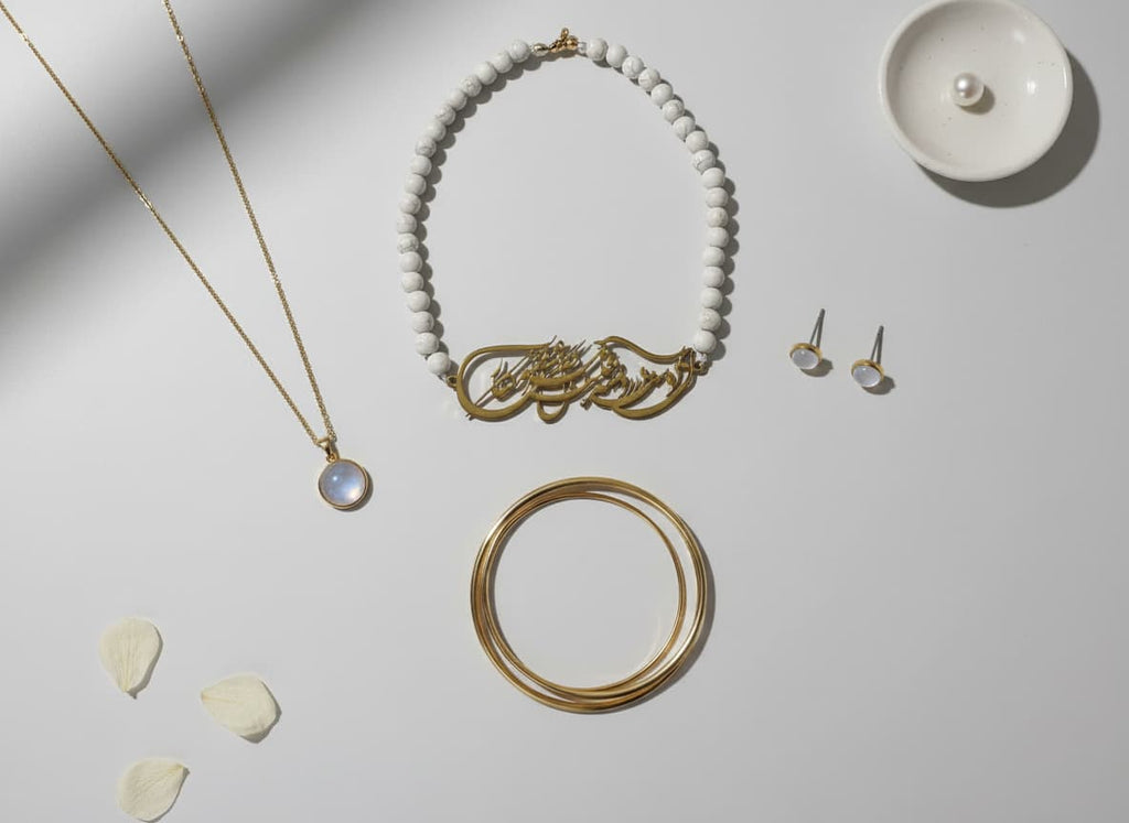 Gold-Plated Calligraphy Center Necklace with Selenite Beads by Adrissa Design — view 3
