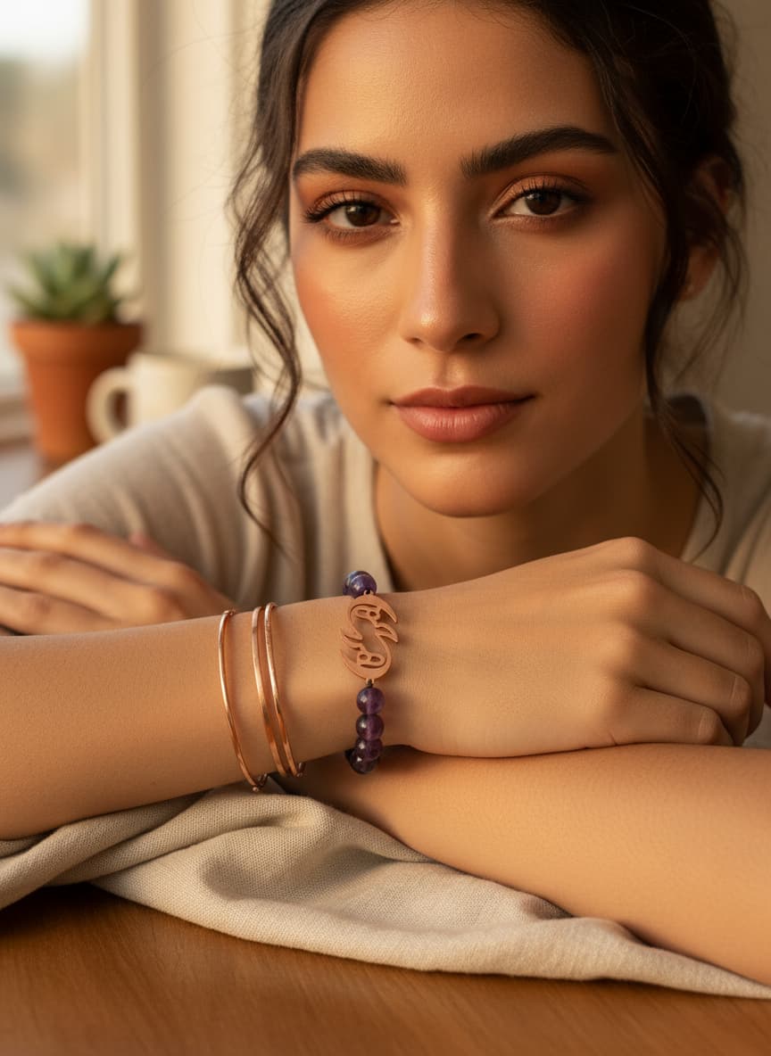 Model wearing the amethyst calligraphy bracelet