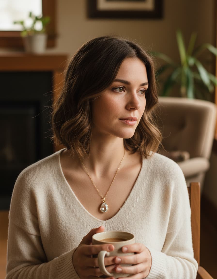 Model wearing the clear crystal teardrop necklace