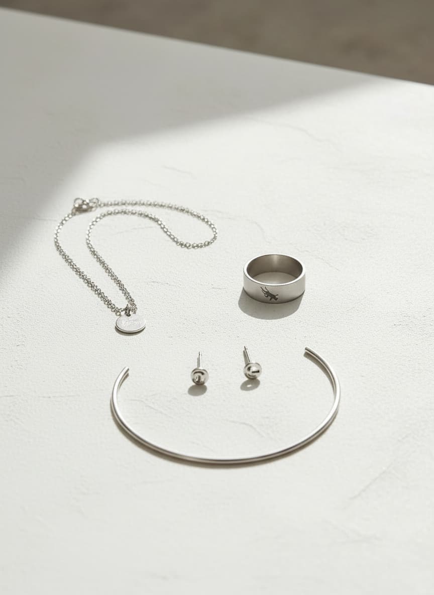 Silver-plated engraved ring styled in a flatlay with silver jewelry