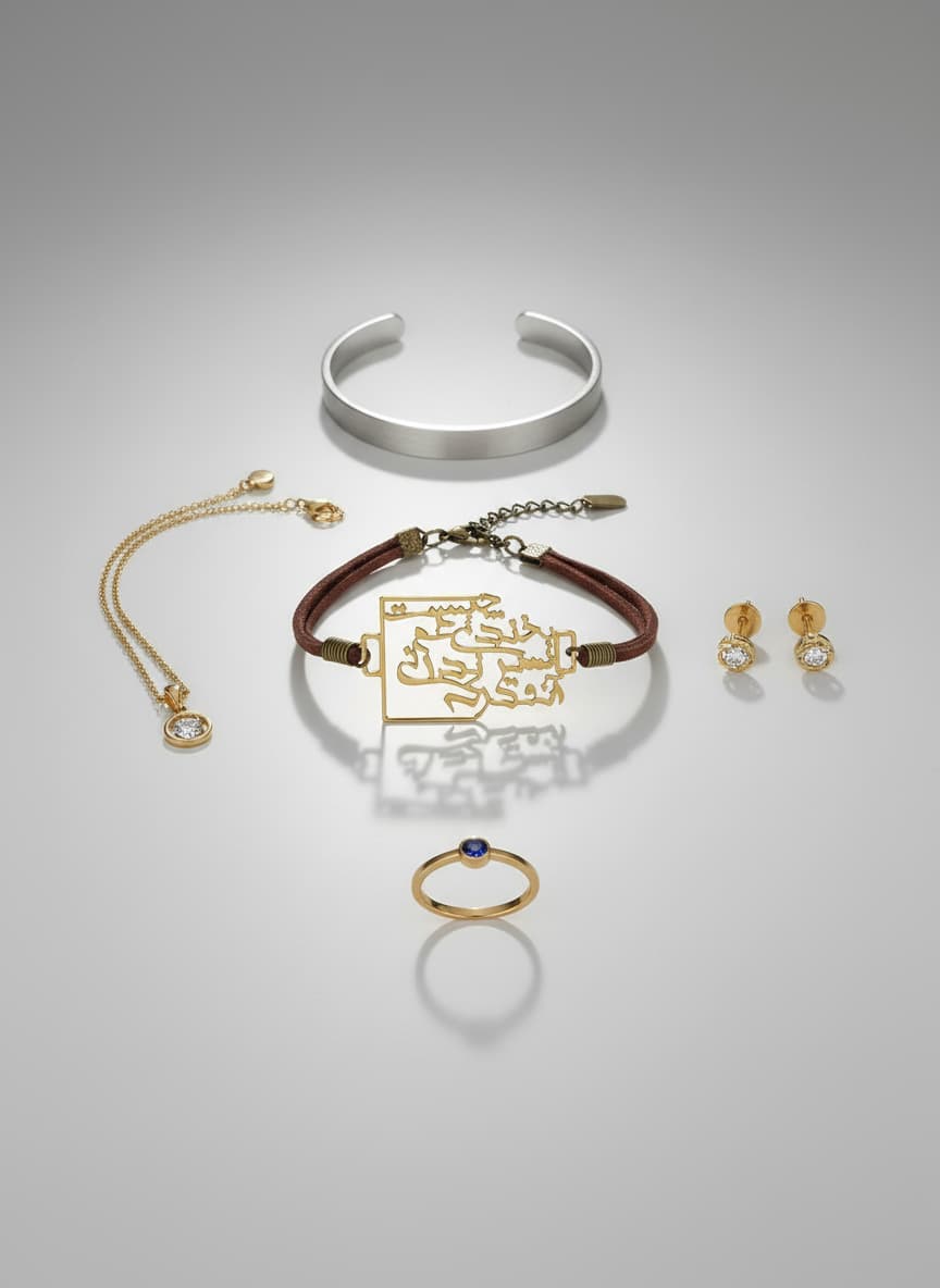 Leather calligraphy bracelet styled in a flatlay with gold jewelry