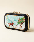 Black velvet box clutch with miniature horse-rider painting