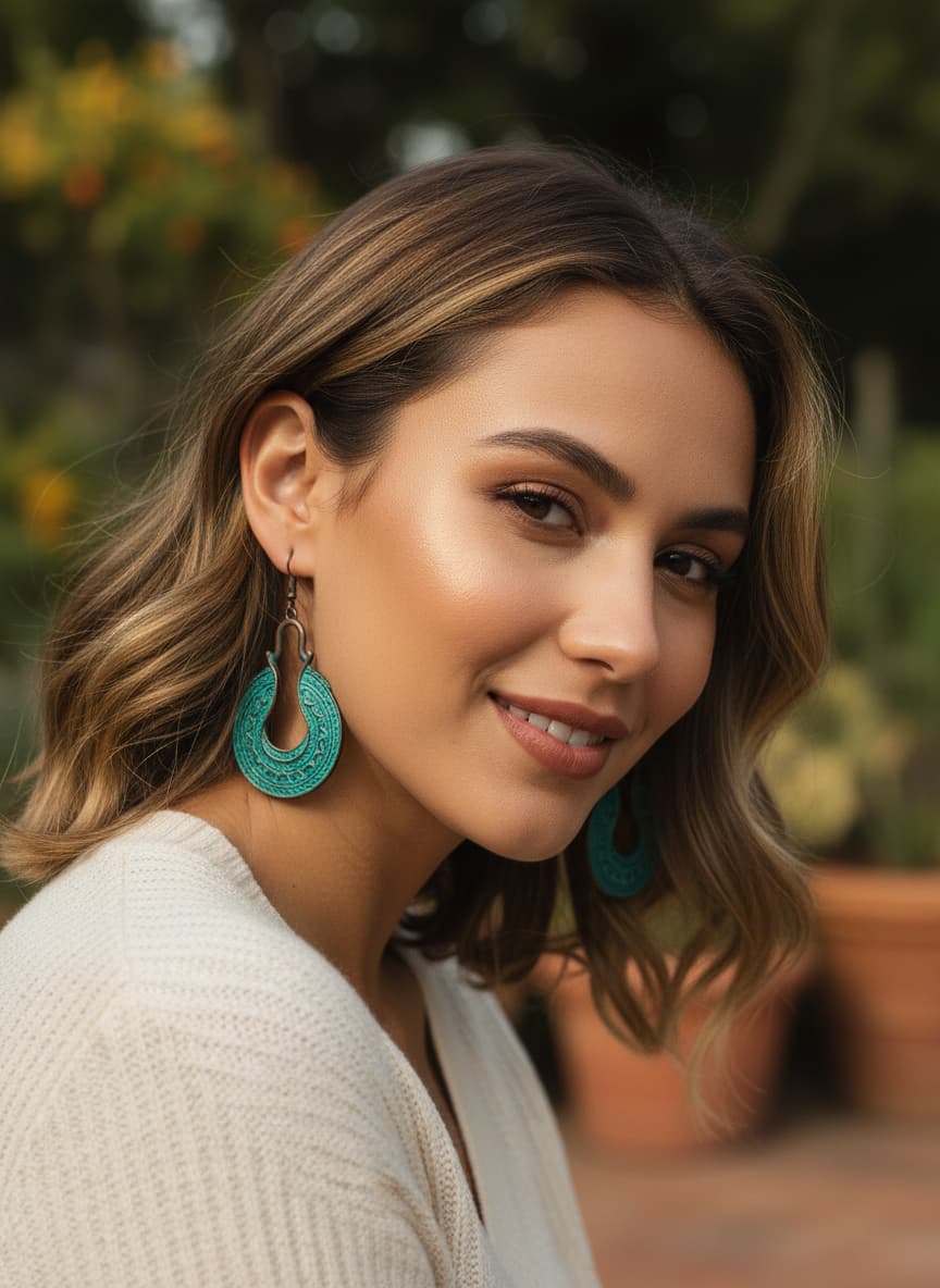 Model wearing the copper-plated turquoise crescent earrings