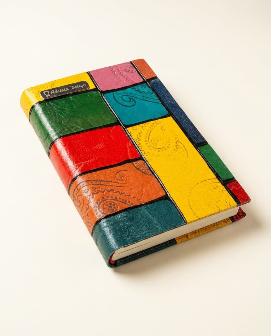 Colorful patchwork leather notebook with Adrissa Design label