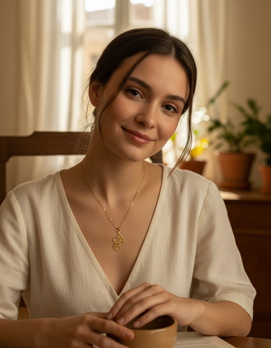 Model wearing the gold-plated Persian calligraphy pendant necklace