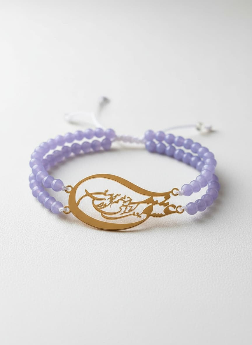Gold-plated Persian calligraphy bracelet with purple Czech glass on white