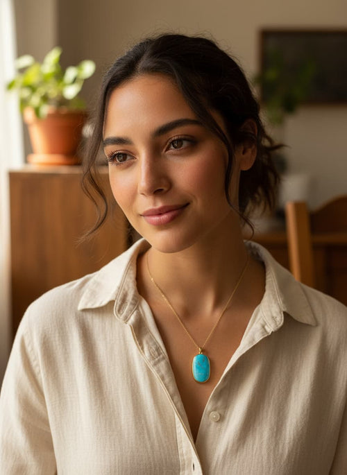 Model wearing the gold-plated turquoise necklace