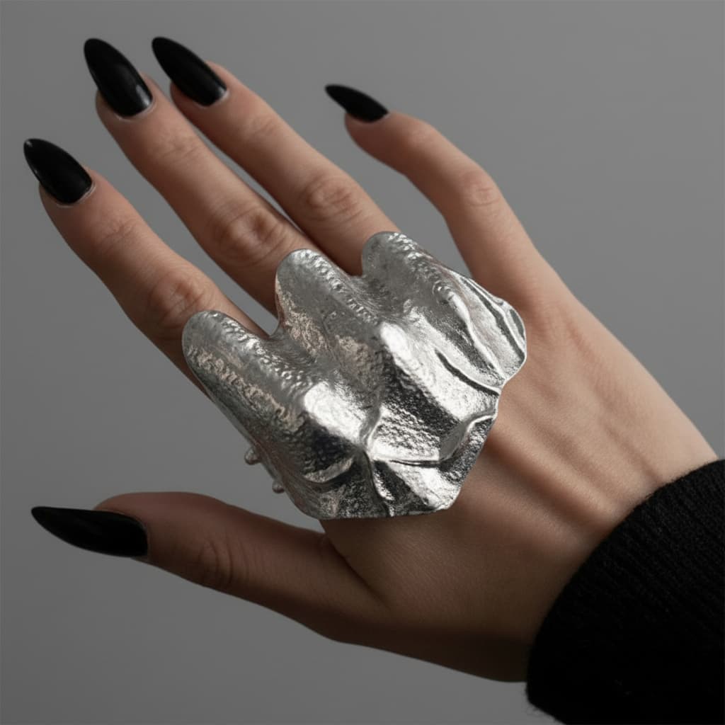 Silver-tone hammered statement ring worn on hand with black nail polish