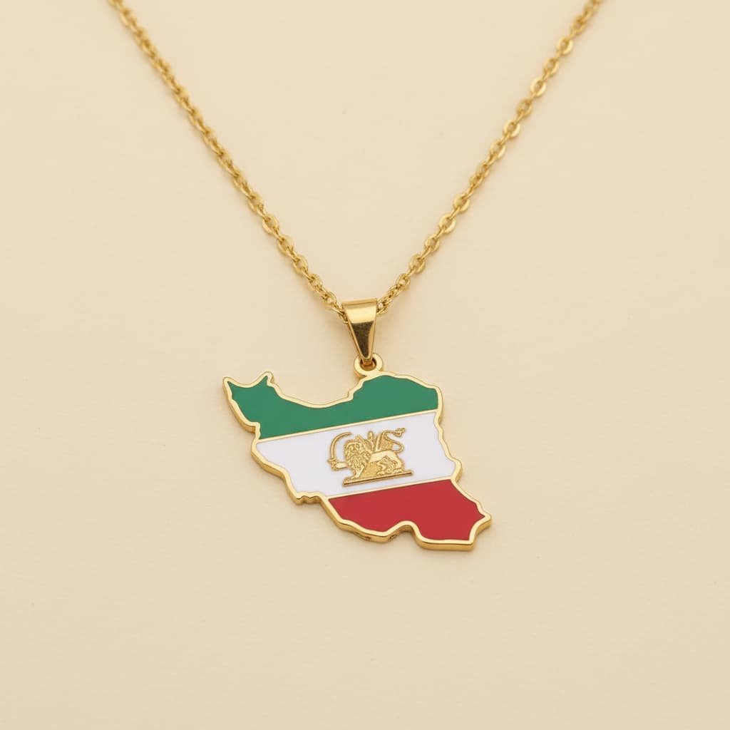 Gold-plated Iran map necklace with lion-and-sun pendant on a chain