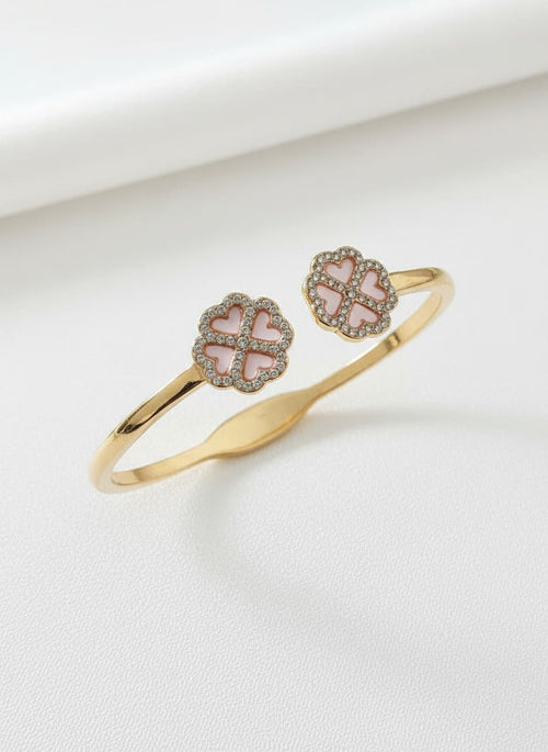 14k gold-plated floral bangle with artificial diamonds on white