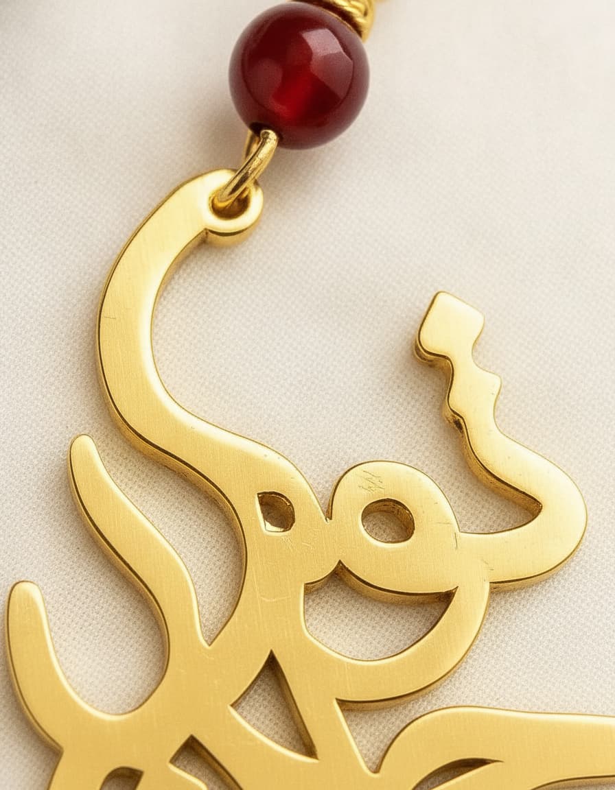 Close-up of the gold Eshgh calligraphy pendant with red bead