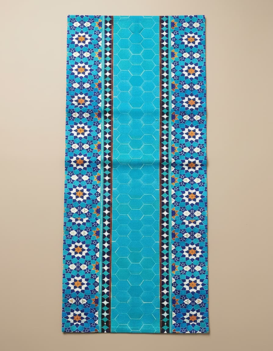 Turquoise velvet runner with geometric tile design