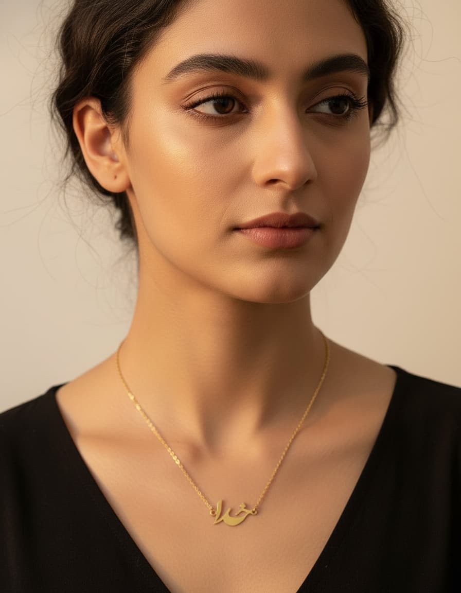 Model wearing the gold-plated Persian calligraphy nameplate necklace