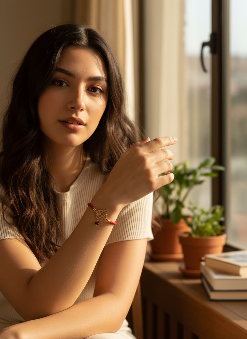 Model wearing the red pomegranate bracelet