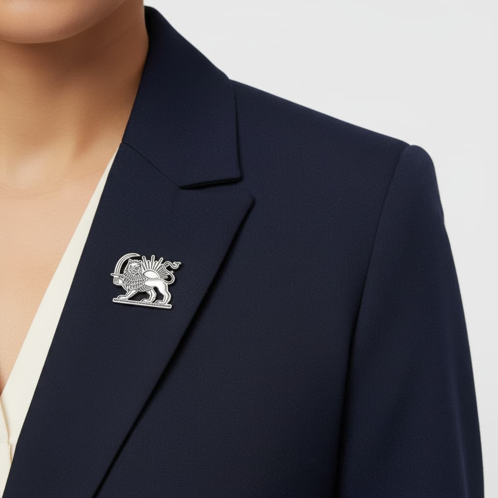 Model wearing the lion and sun brooch on a navy blazer lapel