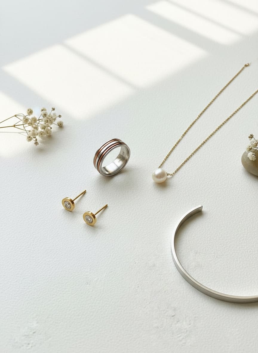 Copper-plated movable ring styled in a flatlay with gold jewelry