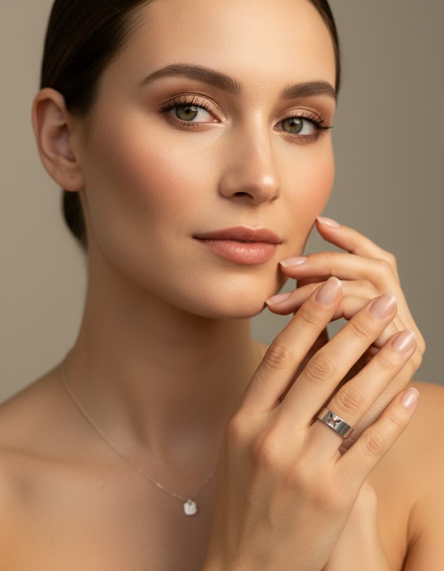 Model wearing the silver-tone butterfly cutout band ring