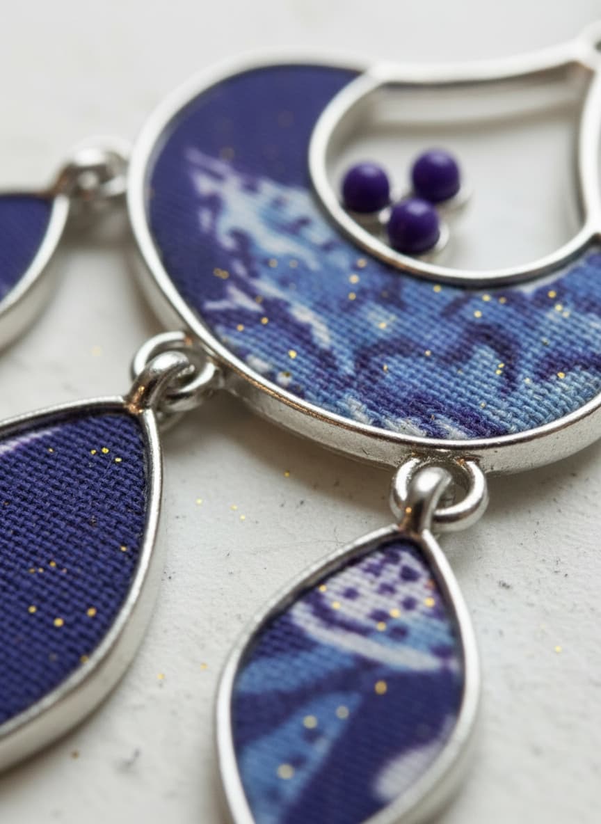 Macro close-up of the blue fabric-style panel and beads