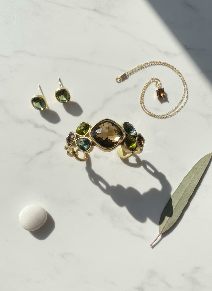 Gold-color Czech crystal bangle styled in a flatlay with gold jewelry