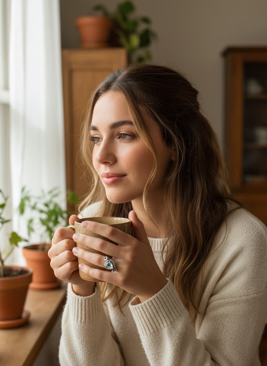Model wearing the silver sky-blue pear stone ring