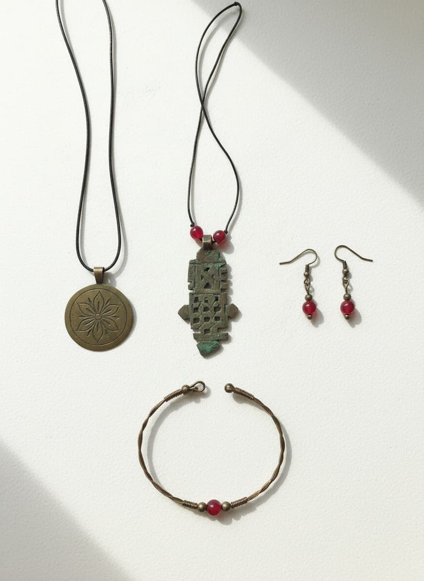 Brass-plated antique necklace styled in a flatlay with bronze jewelry