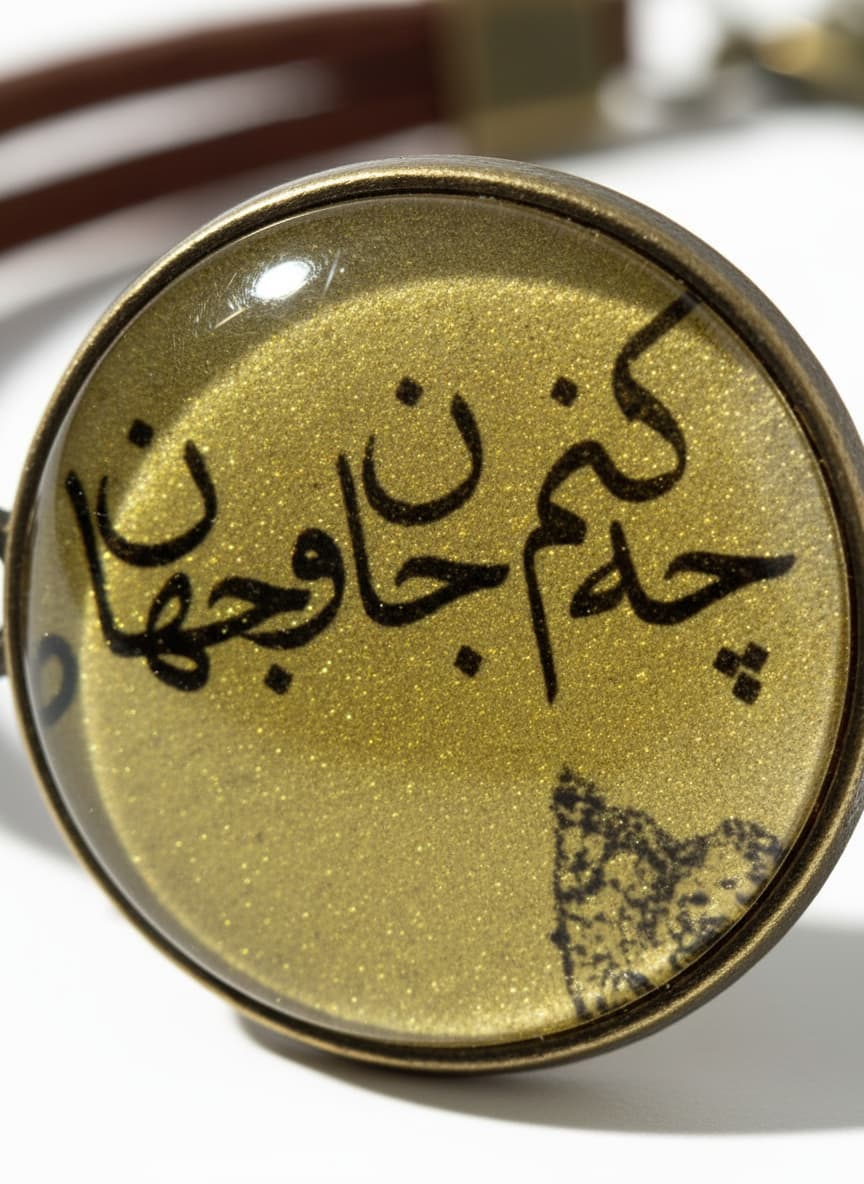 Macro close-up of the golden calligraphy medallion