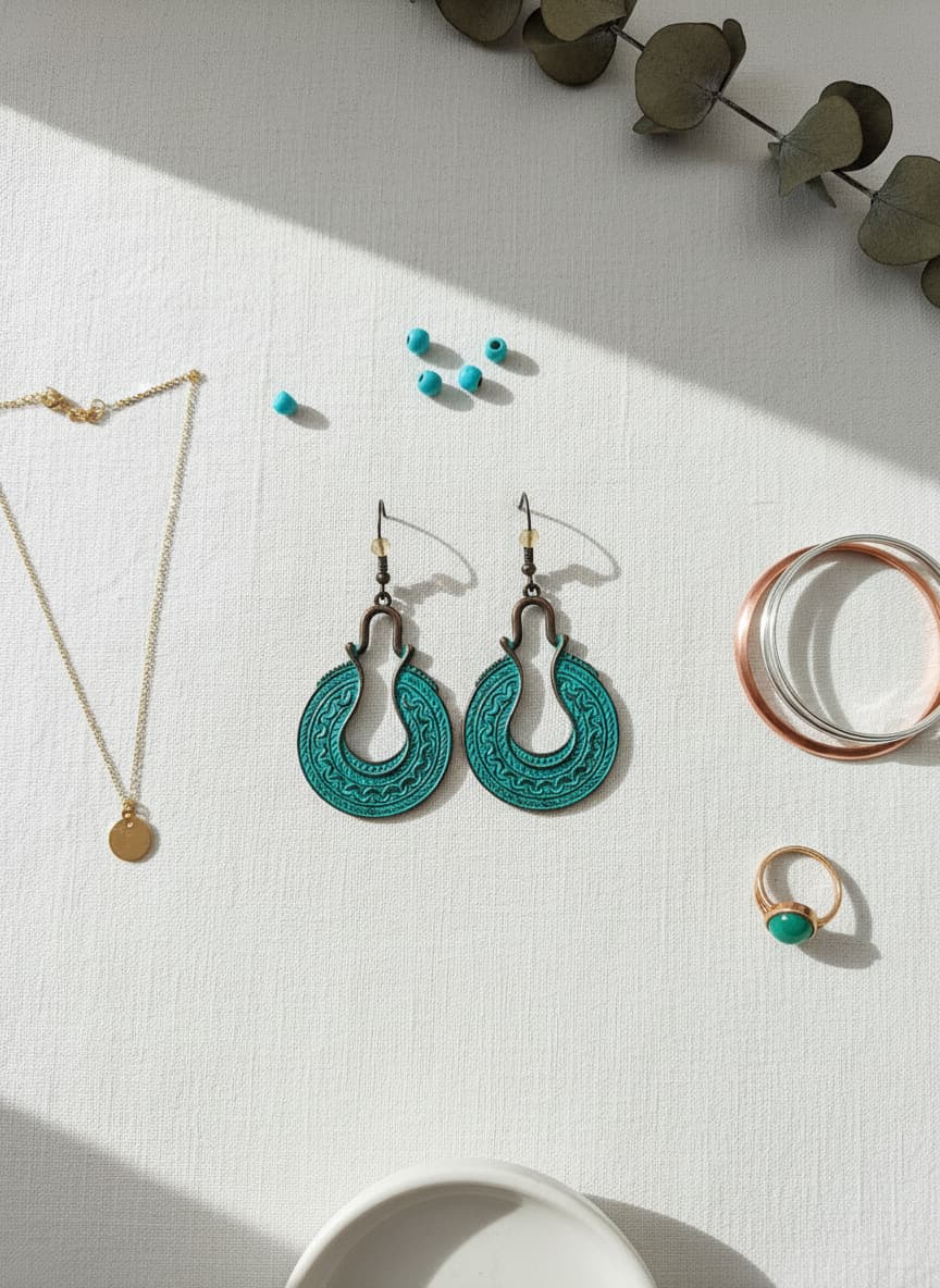 Copper-plated turquoise earrings styled in a flatlay with jewelry