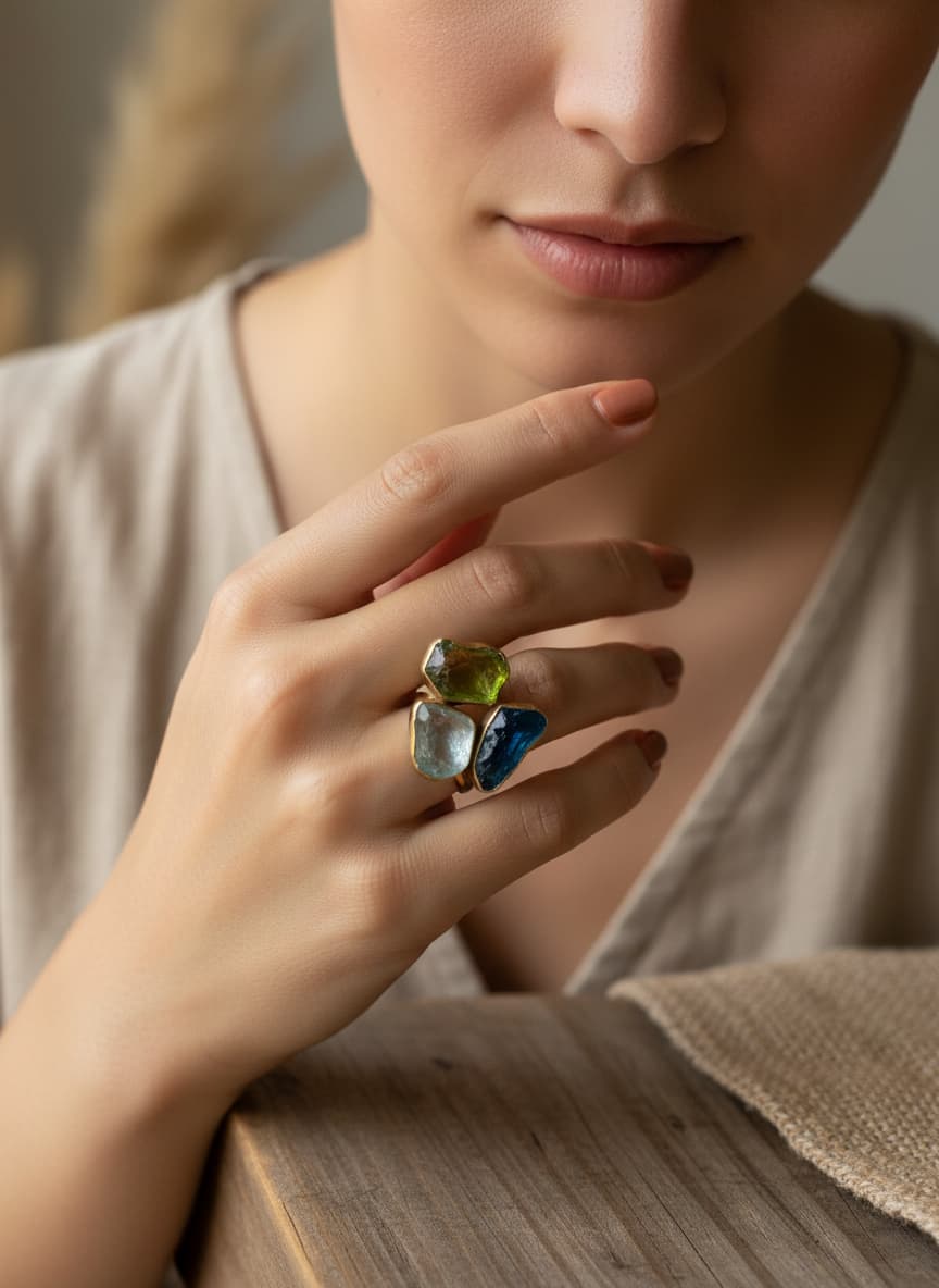 Model wearing the gold-plated three-stone statement ring