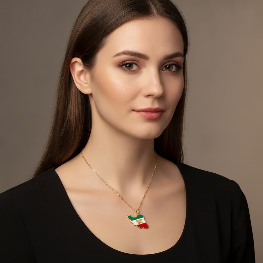 Gold-plated Iran map necklace with lion-and-sun pendant worn by a model