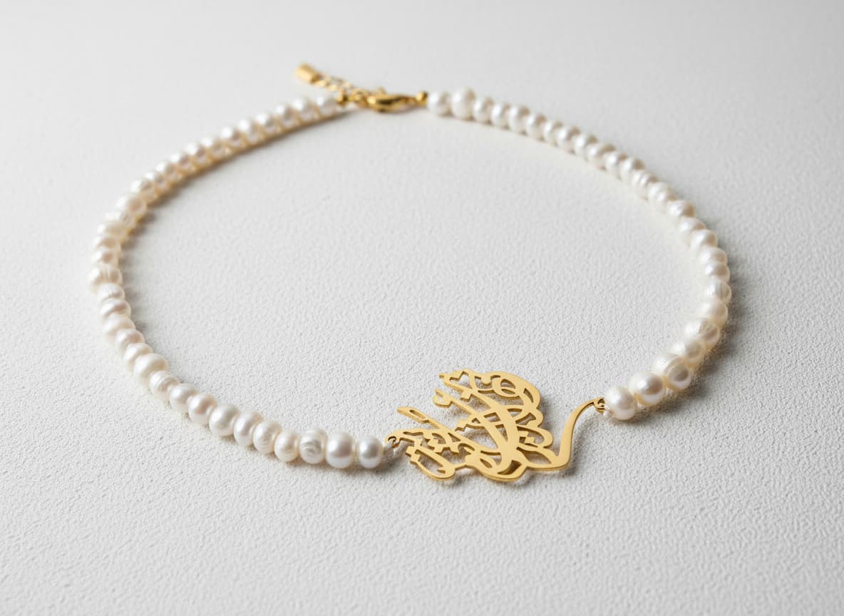 Gold-plated calligraphy side necklace with pearl beads on white
