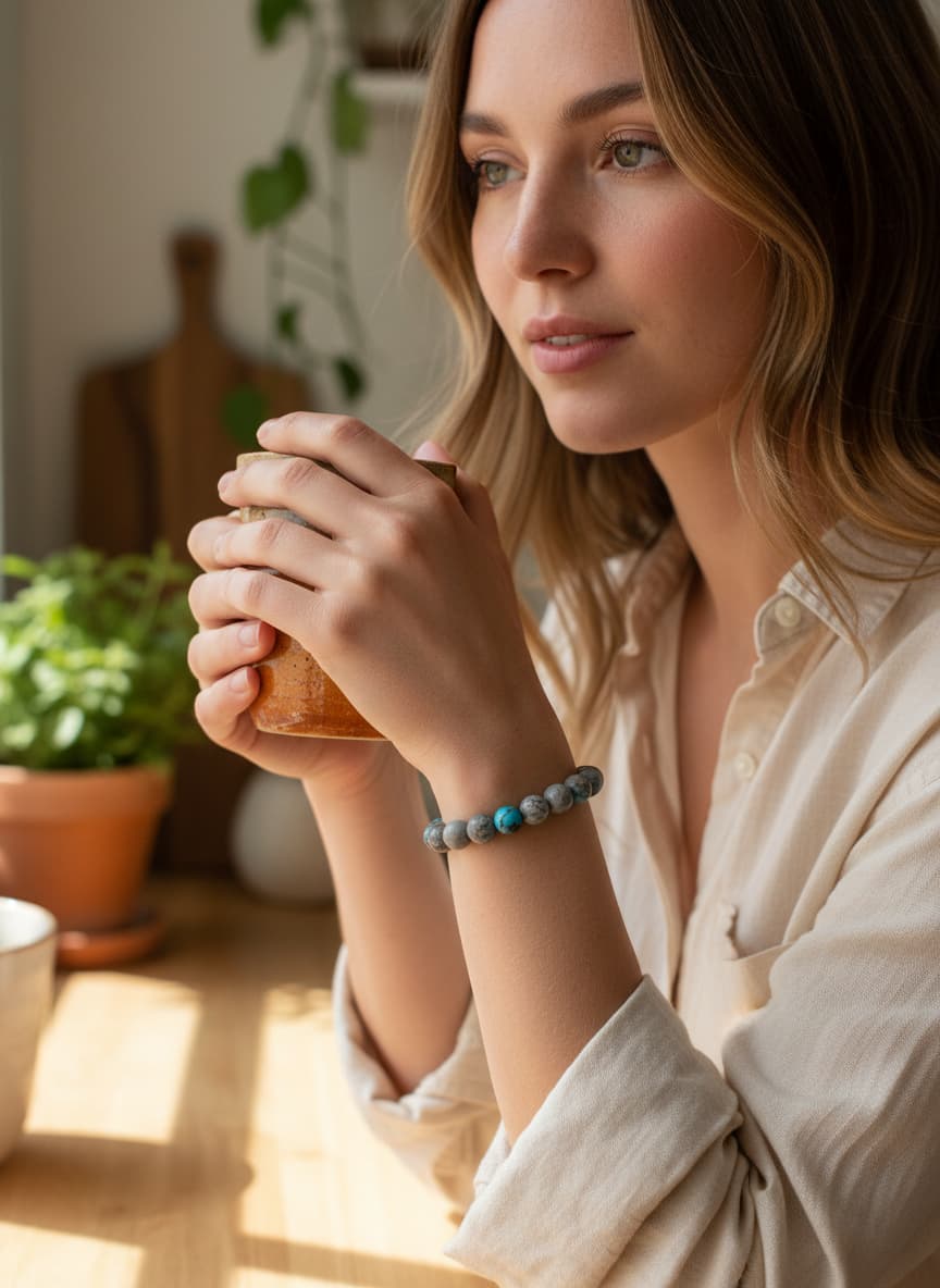 Model wearing the turquoise beaded bracelet