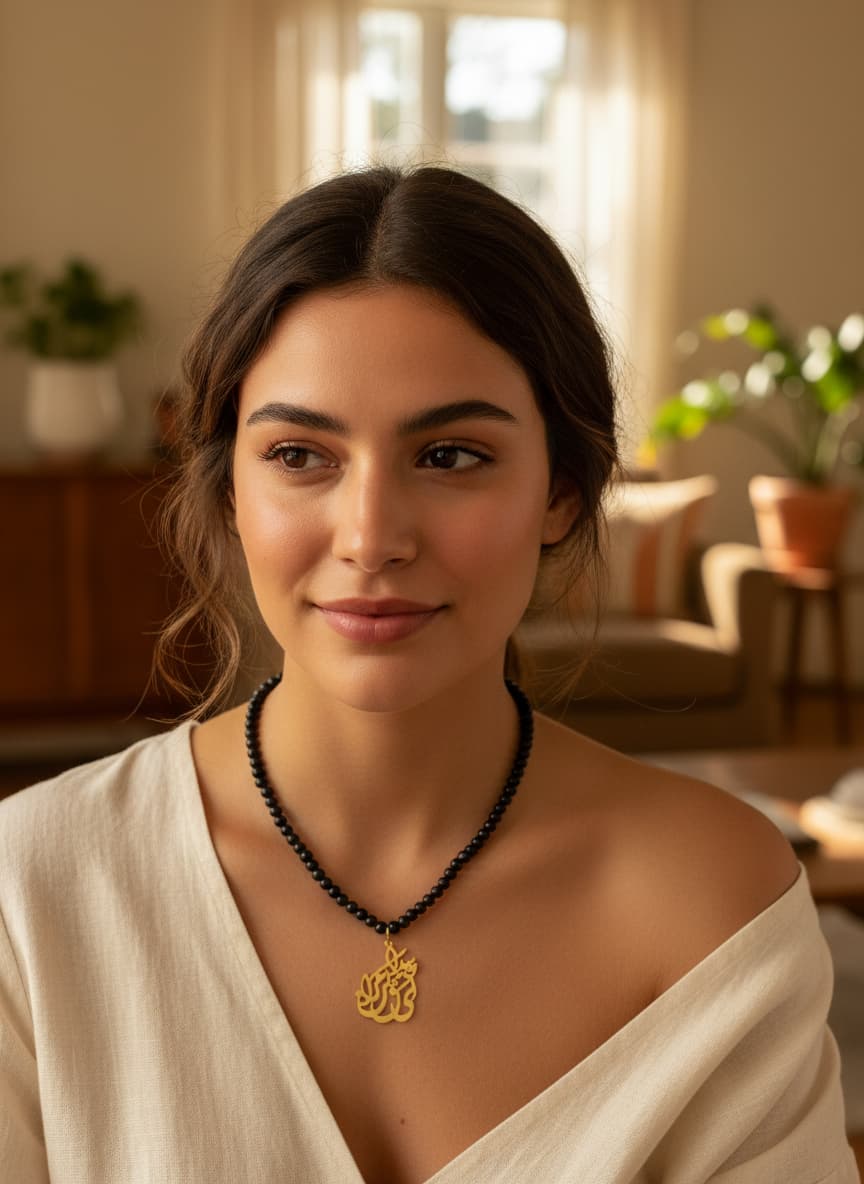 Model wearing the gold-plated calligraphy pendant necklace with onyx beads