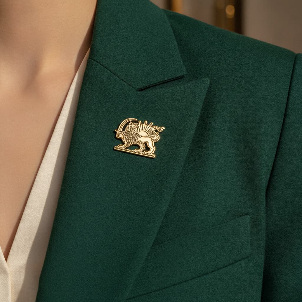 Gold-plated lion and sun lapel pin worn on a green blazer