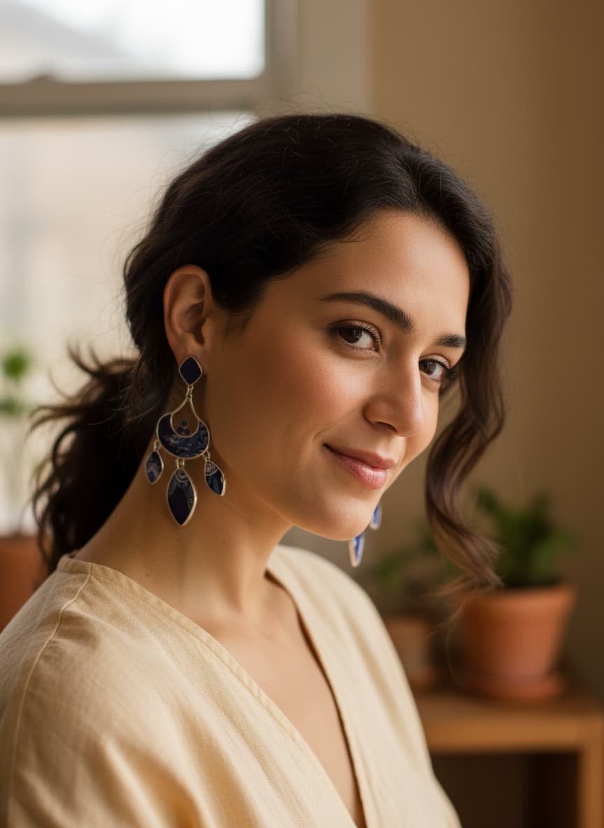 Model wearing the silver-plated blue chandelier earrings