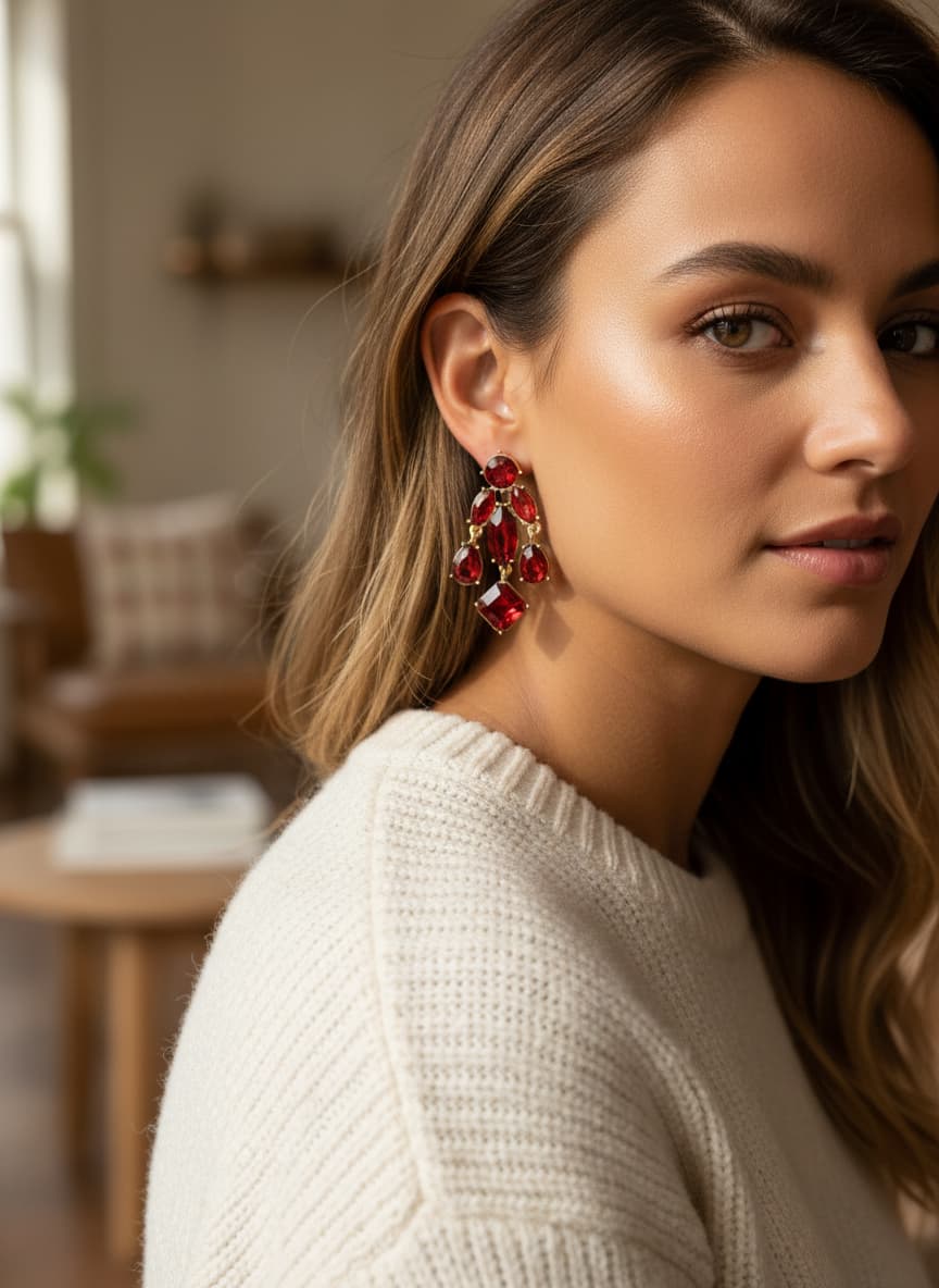 Model wearing red leaf earrings