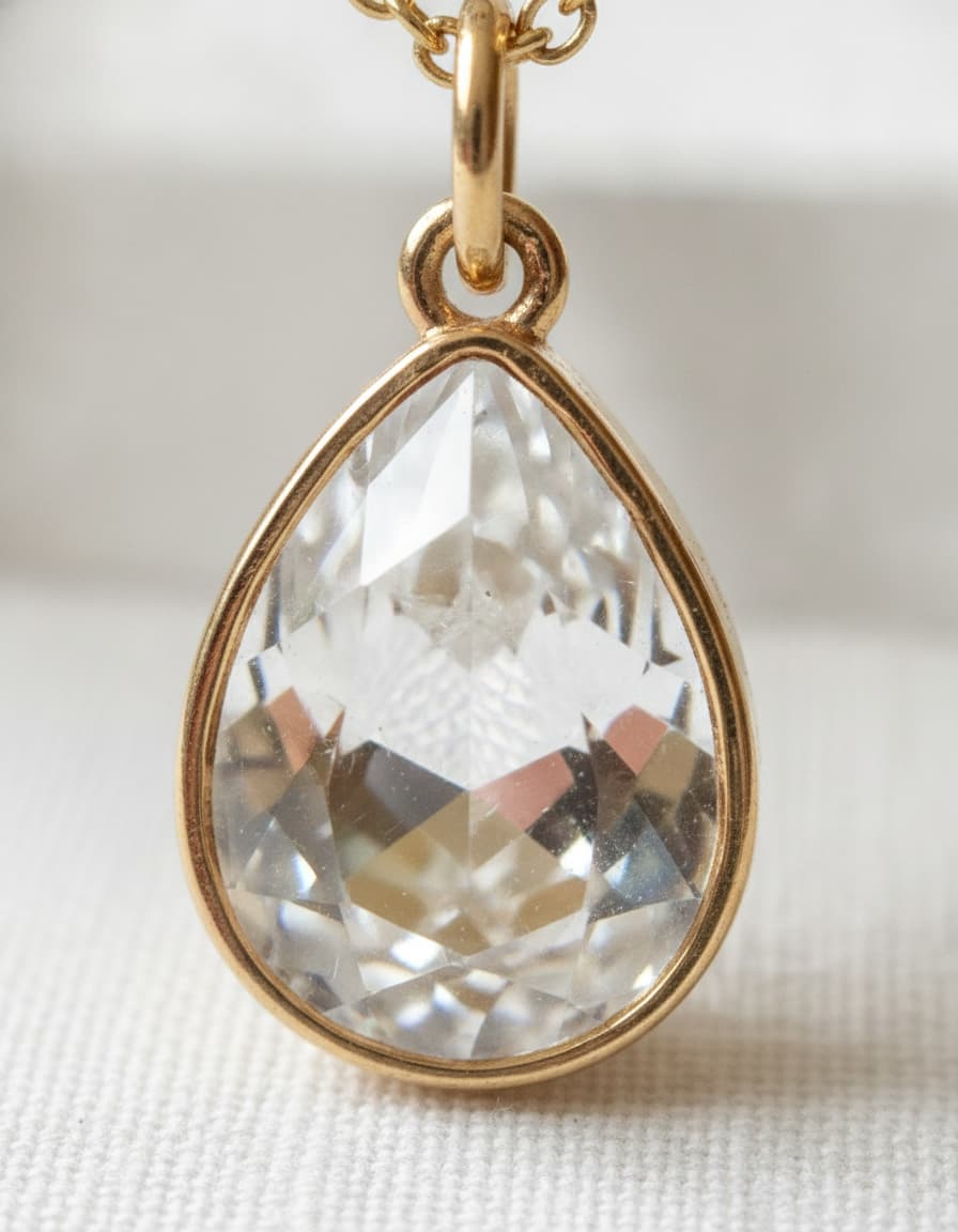 Macro close-up of the clear crystal teardrop