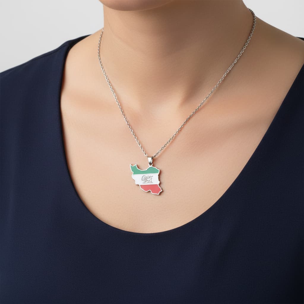 Silver-tone Iran map pendant necklace worn on the neckline